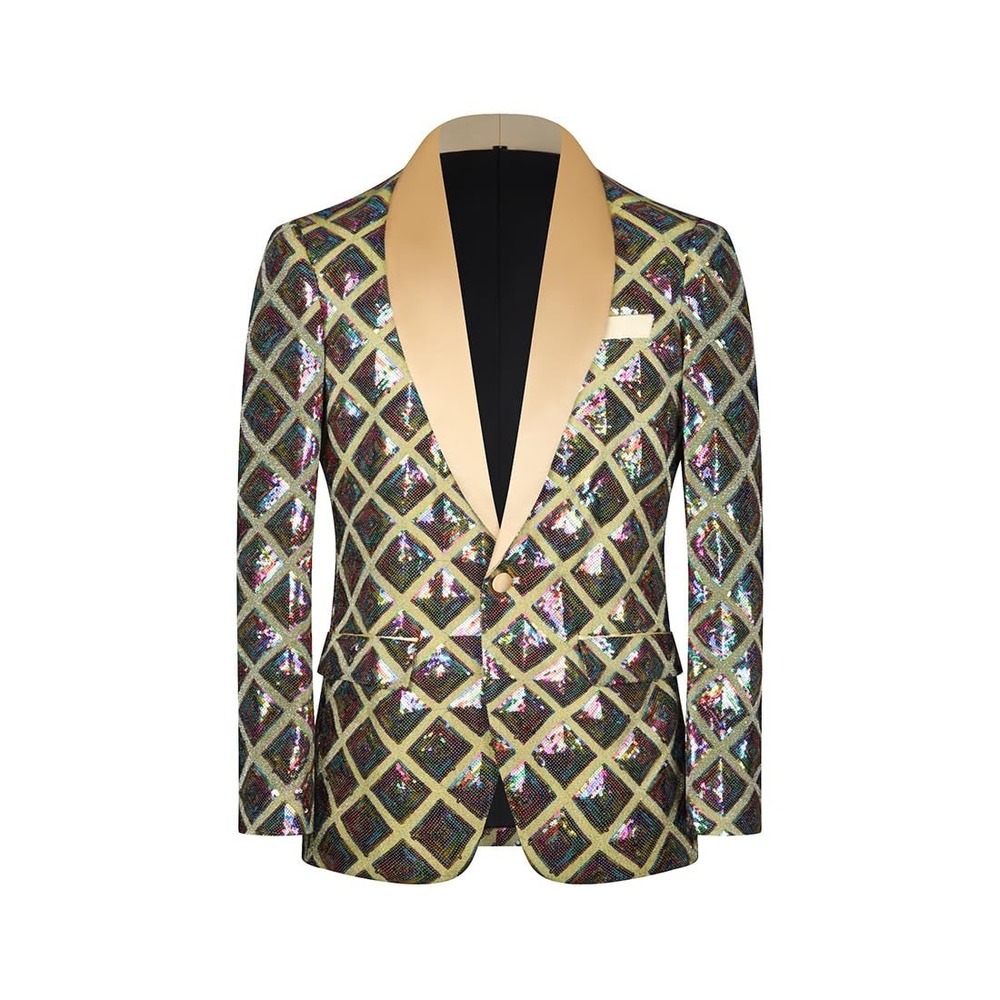NWT CARFFIV Mens Sequin Blazer XL Gold Multi Iridescent Prom Party Tux Jacket XL